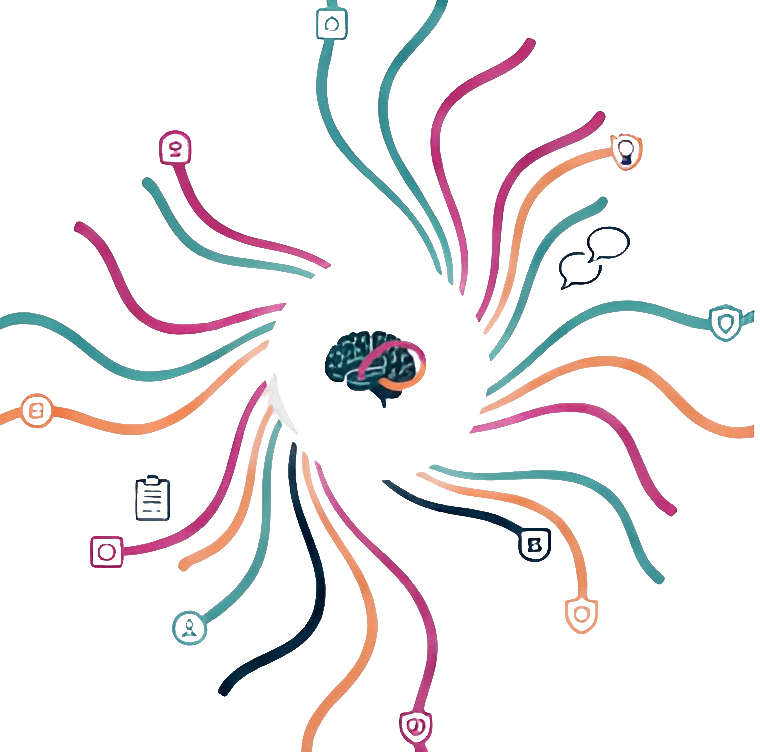 Abstract swirling lines and shapes in vibrant colors on a transparent background.