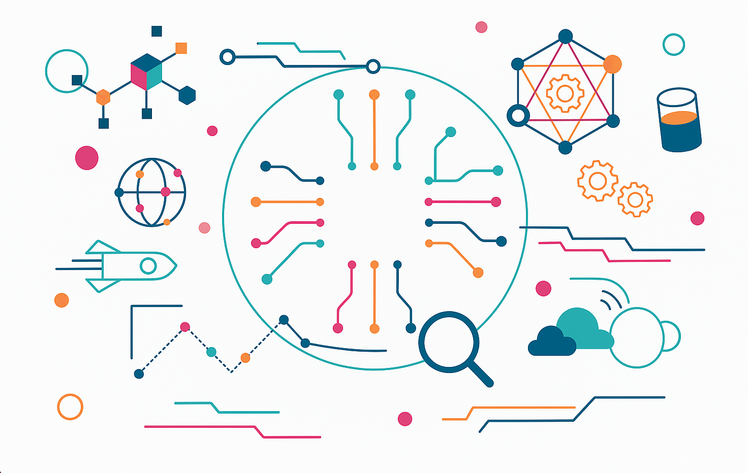 Abstract digital network and data analysis illustration with circuits and magnifying glass.