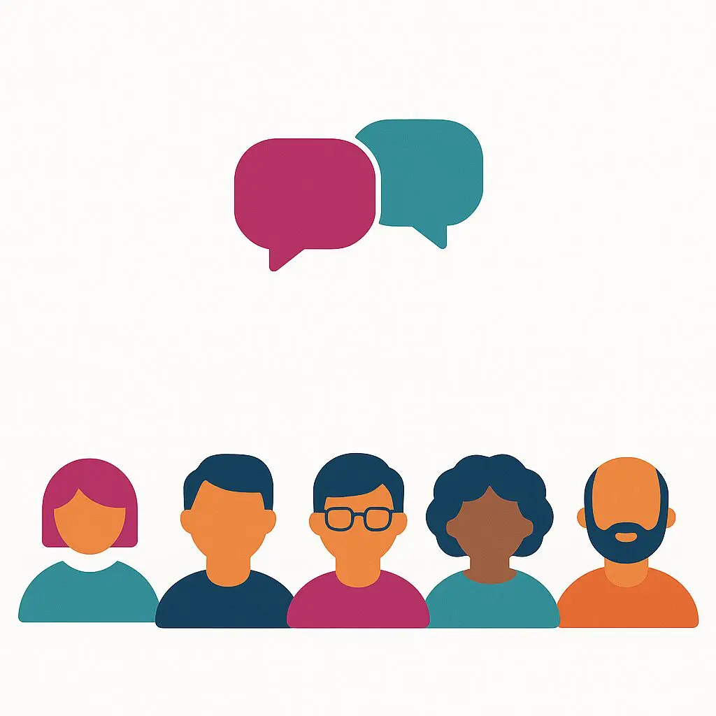 Diverse group of people with speech bubbles above.