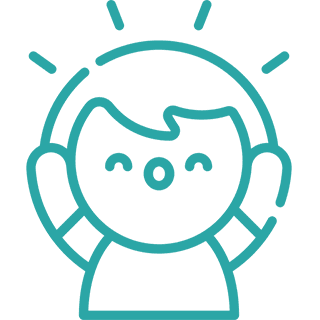 A simple line drawing of a smiling child with spiky hair and big eyes.