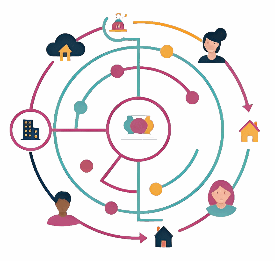 Illustration of a digital network connecting diverse people and icons around a maze.