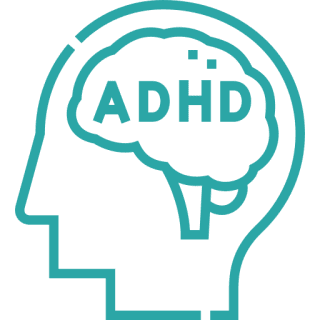Green speech bubble with "ADHD" text inside.