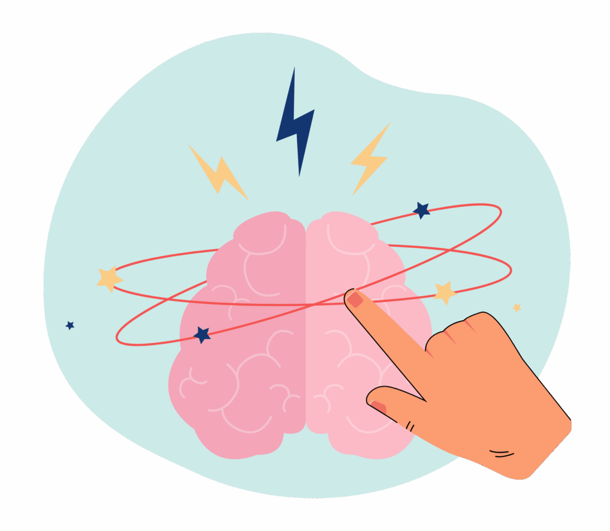 Hand interacting with a brain surrounded by orbiting elements and lightning bolts.