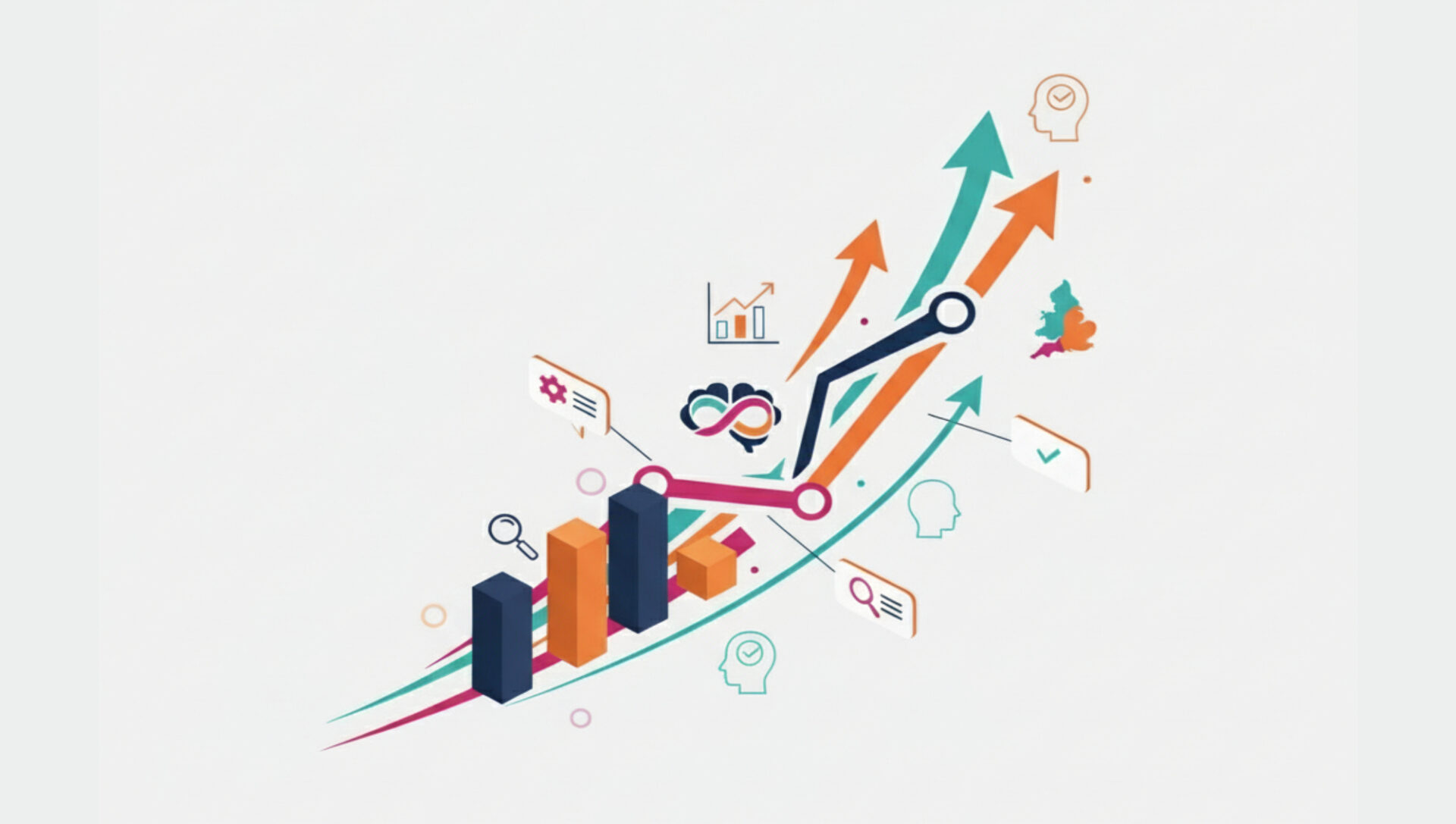 Colorful business growth chart with upward arrows and icons.